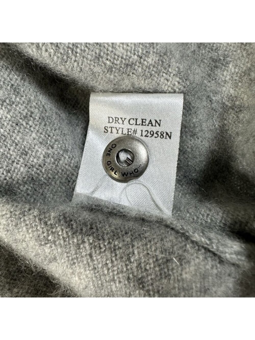 One Girl Who 100% Cashmere Gray Knit Sweater Large Button Sleeve Shoulder Crew - Picture 12 of 12